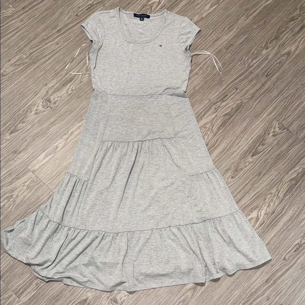 Tommy Hilfiger Tiered Midi Sleeveless Dress Flowy Gray 100% COTTON Size XS
